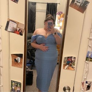 Plus Size Blue Textured Bardot Midi Dress